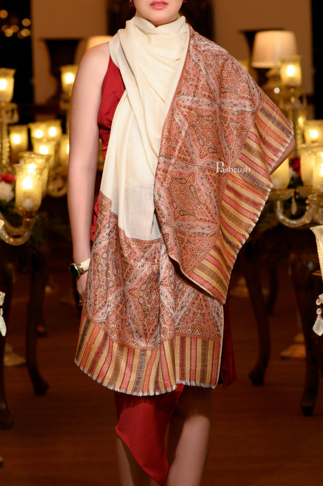 Pashtush India Womens Shawls Pashtush Womens Extra Fine Wool Shawl, Ethnic Palla Design, Ivory