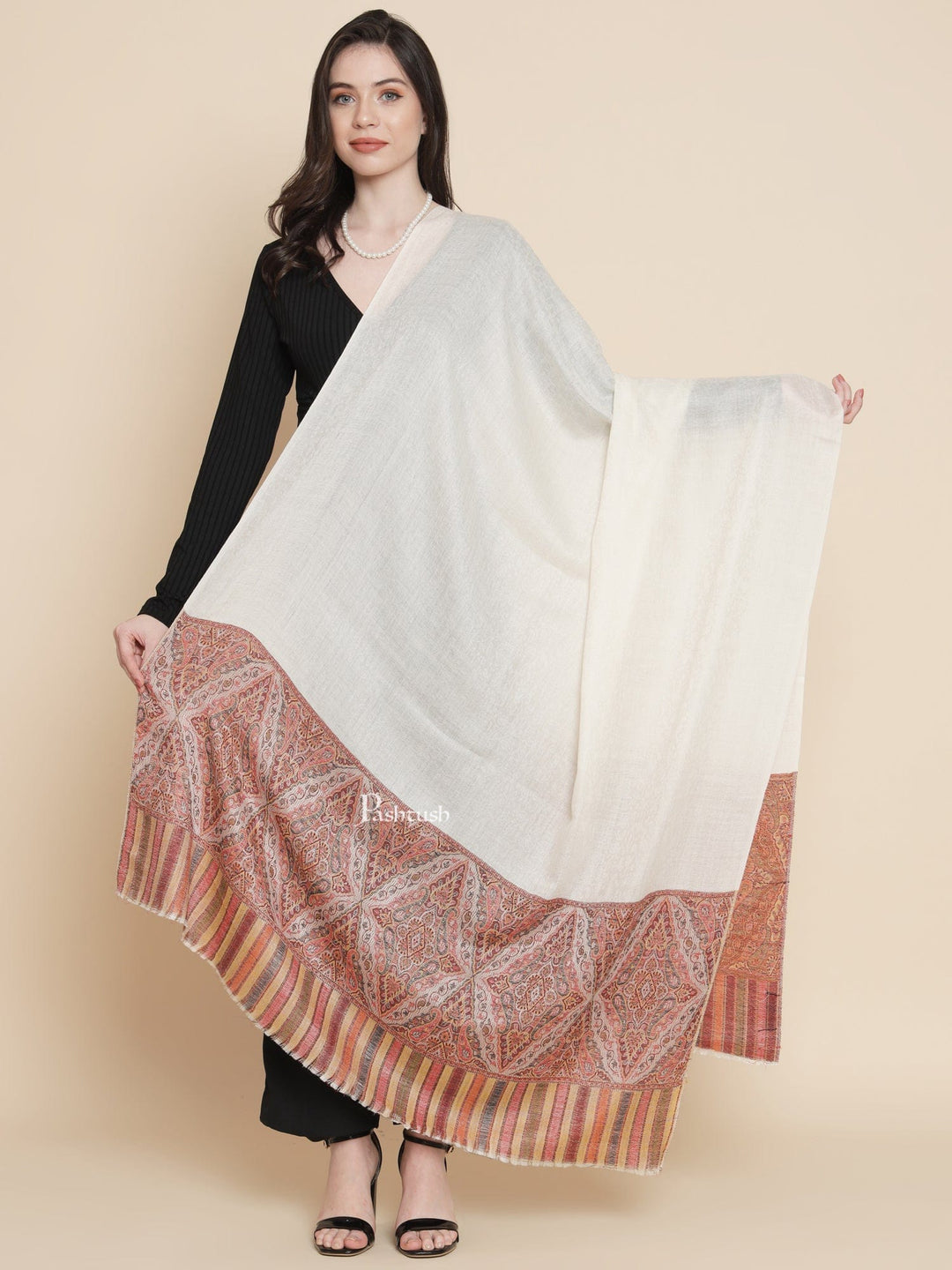 Pashtush India Womens Shawls Pashtush Womens Extra Fine Wool Shawl, Ethnic Palla Design, Ivory