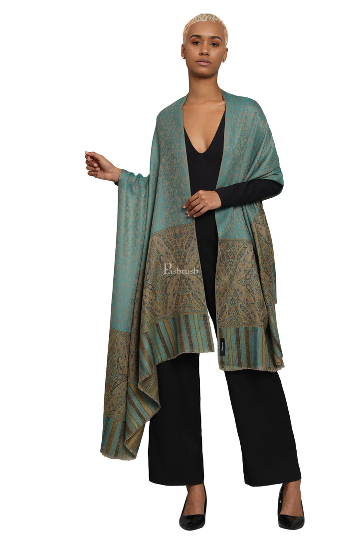 Pashtush India Womens Shawls Pashtush Womens Extra Fine Wool Shawl, Ethnic Woven Palla Design, Arabic Sea Green