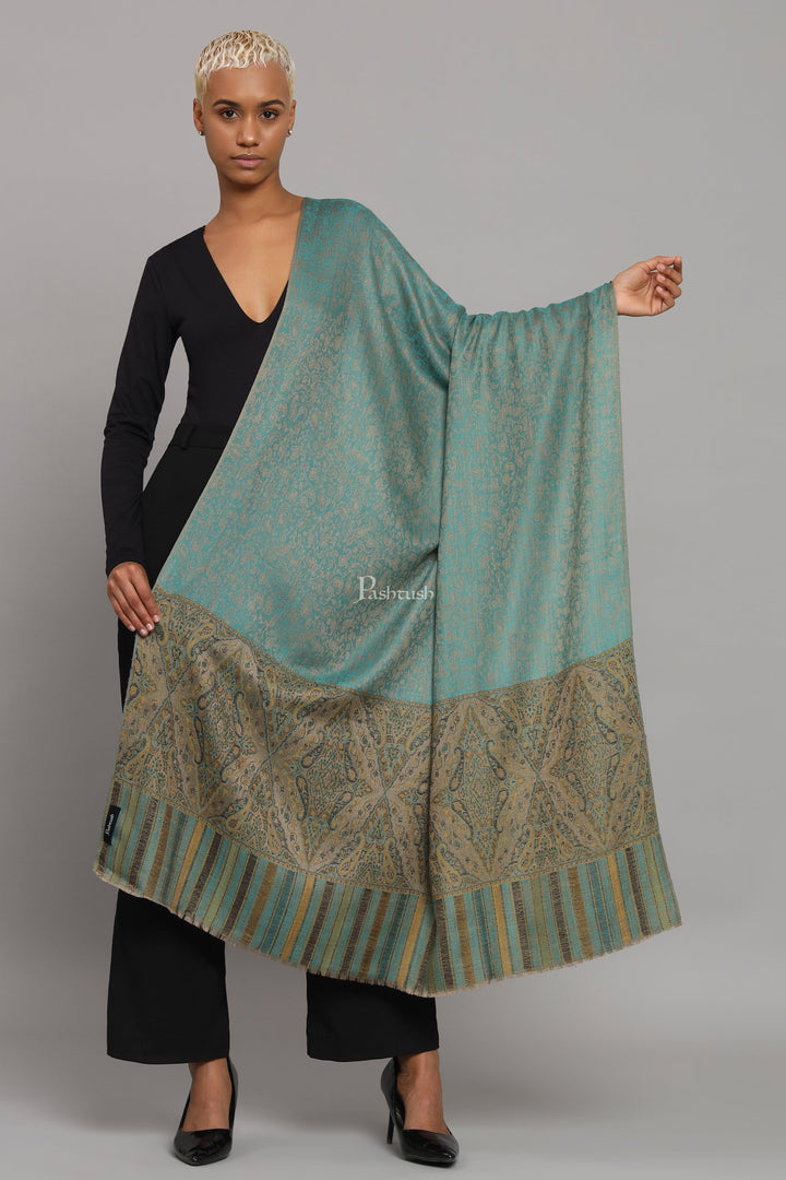 Pashtush India Womens Shawls Pashtush Womens Extra Fine Wool Shawl, Ethnic Woven Palla Design, Arabic Sea Green