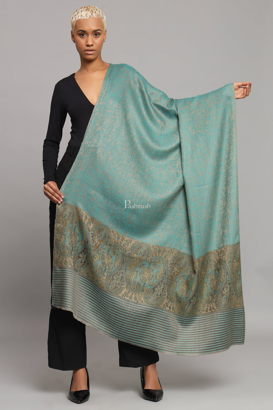 Pashtush Womens Extra Fine Wool Shawl, Solid Arabic Sea Green