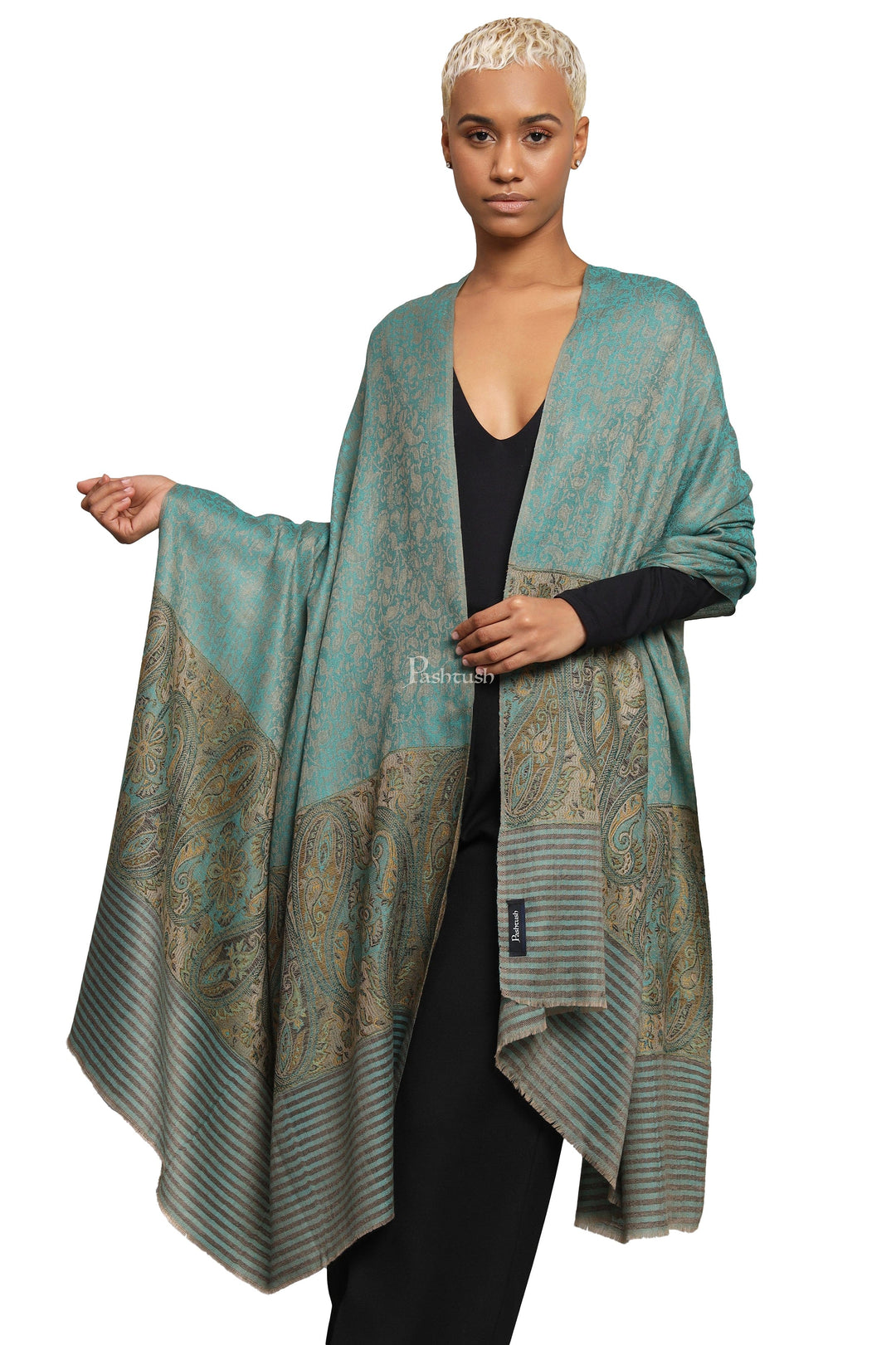 Pashtush India Womens Shawls Pashtush Womens Extra Fine Wool Shawl, Ethnic Woven Palla Design, Arabic Sea Green