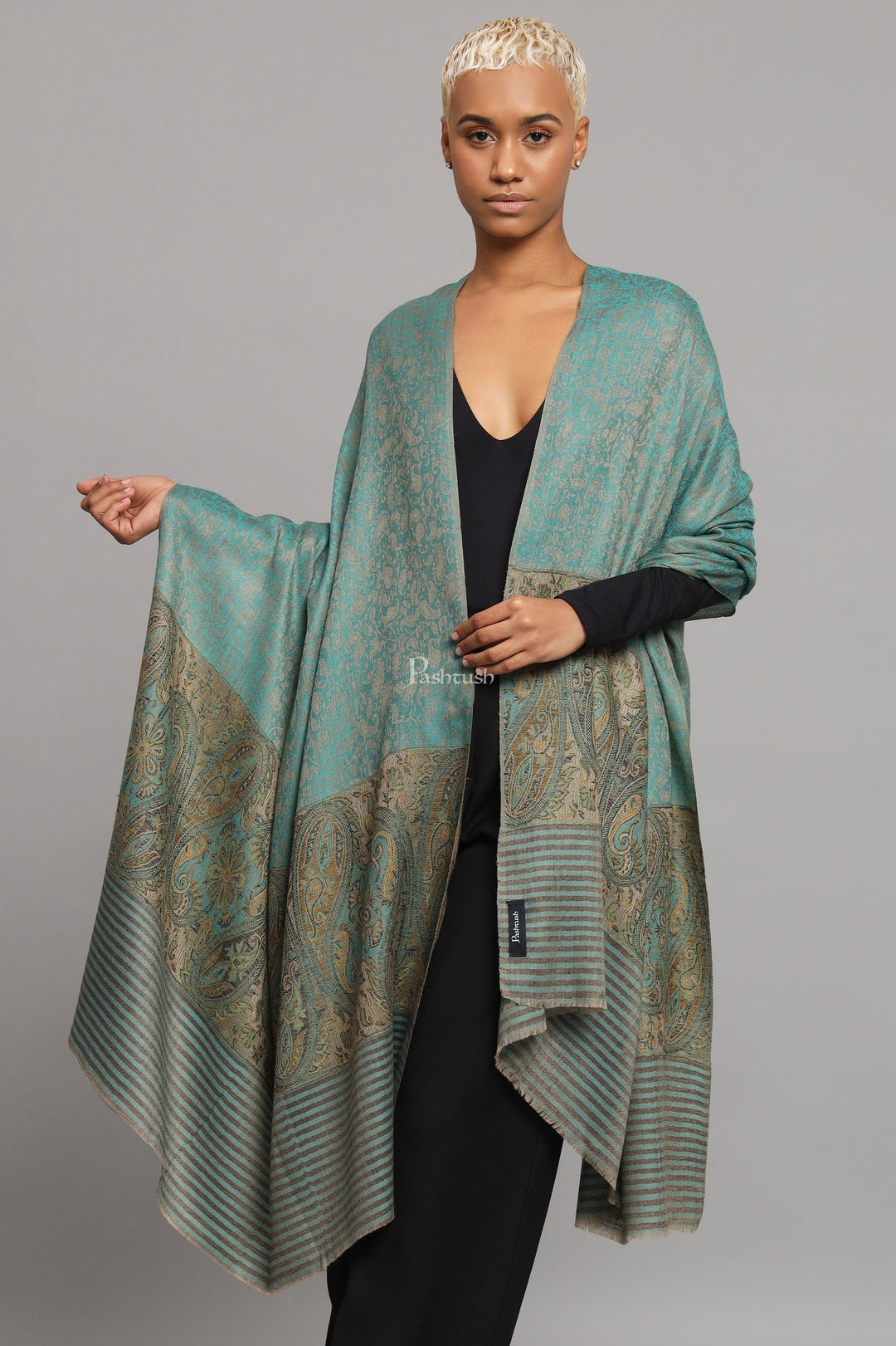 Pashtush India Womens Shawls Pashtush Womens Extra Fine Wool Shawl, Ethnic Woven Palla Design, Arabic Sea Green