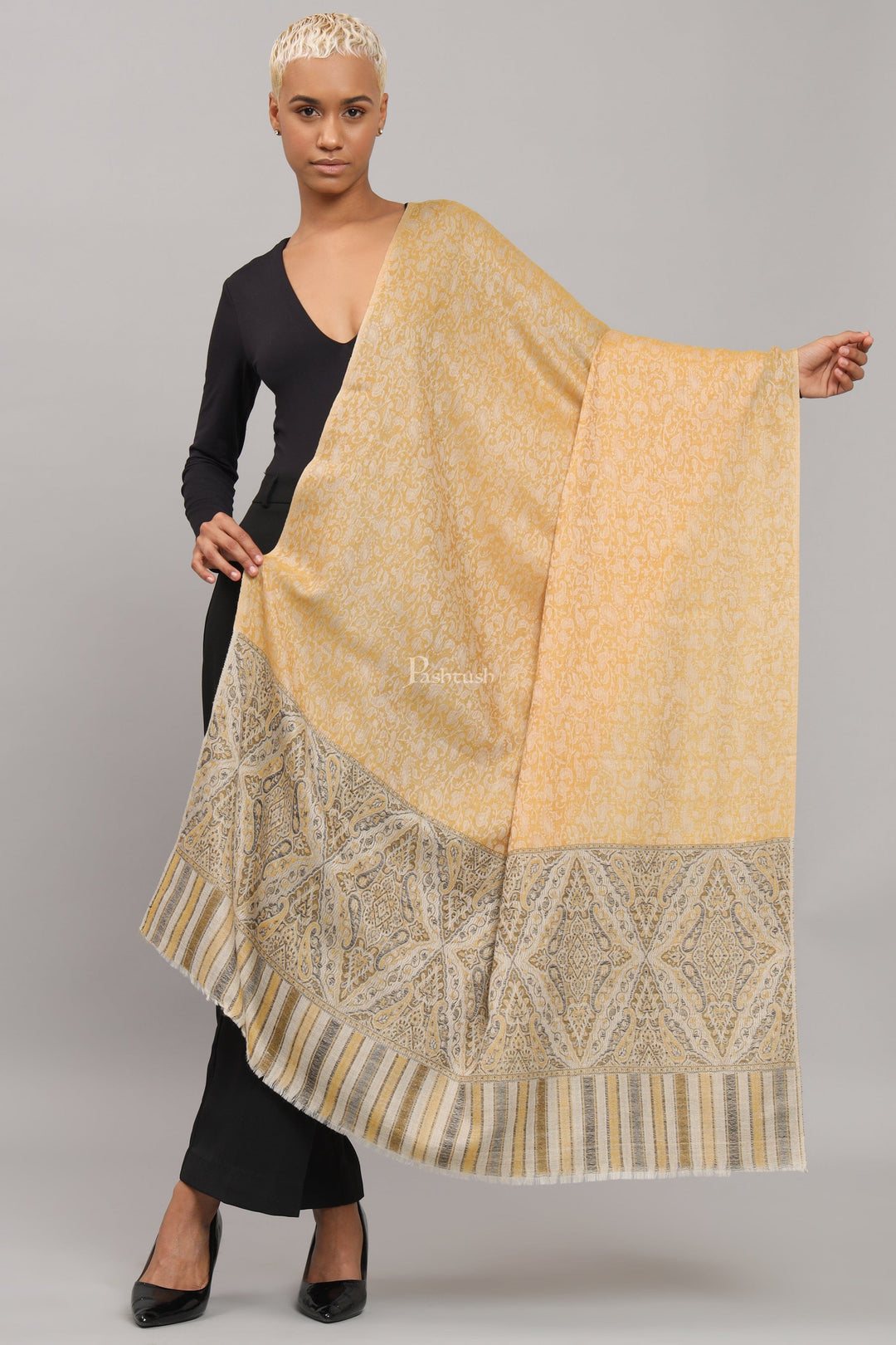 Pashtush India Womens Shawls Pashtush Womens Extra Fine Wool Shawl, Ethnic Woven Palla Design, Black And Mustard