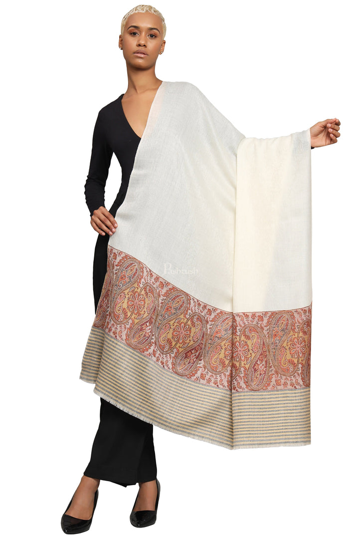 Pashtush India Womens Shawls Pashtush Womens Extra Fine Wool Shawl, Ethnic Woven Palla Design, Ivory