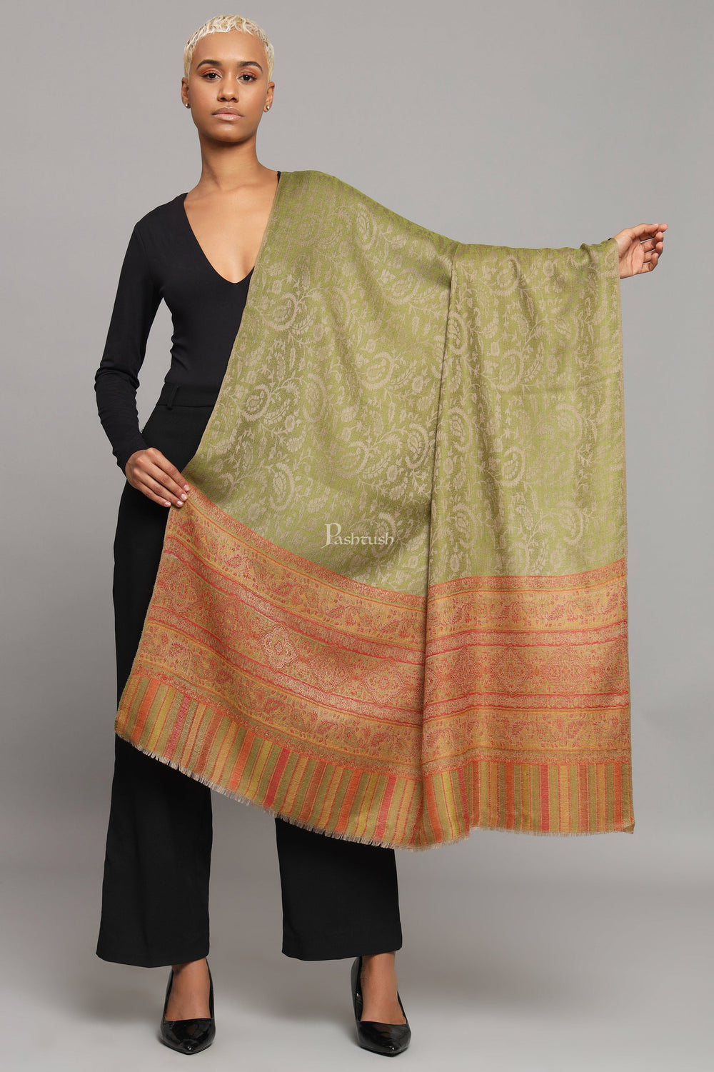 Pashtush India Womens Shawls Pashtush Womens Extra Fine Wool Shawl, Ethnic Woven Palla Design, Pear