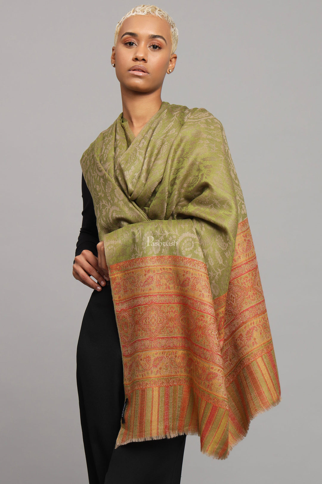 Pashtush India Womens Shawls Pashtush Womens Extra Fine Wool Shawl, Ethnic Woven Palla Design, Pear