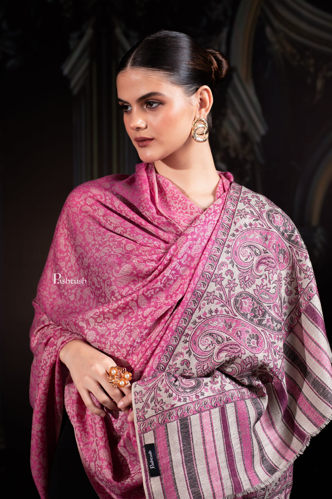 Pashtush India Womens Shawls Pashtush Womens Extra Fine Wool Shawl, Extra Fine Wool Palla, Paisley Design, Fuchsia