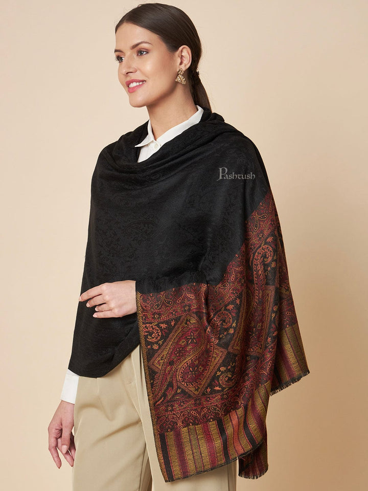 Pashtush India Womens Shawls Pashtush Womens Extra Fine Wool Shawl, Extra Soft Woven Palla Design, Black