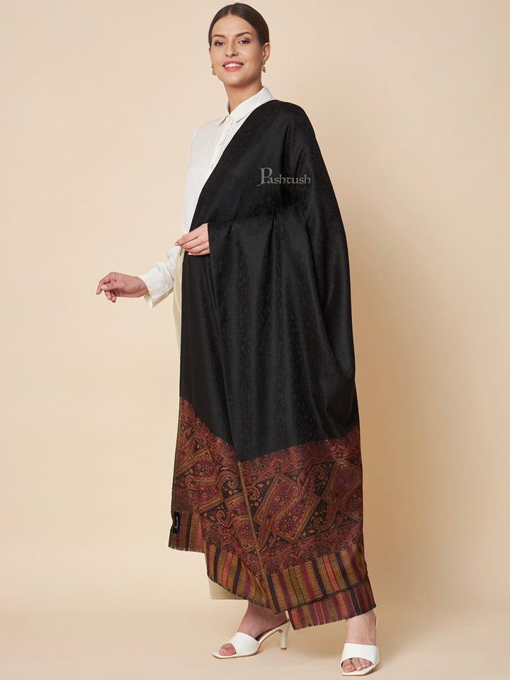 Pashtush India Womens Shawls Pashtush Womens Extra Fine Wool Shawl, Extra Soft Woven Palla Design, Black