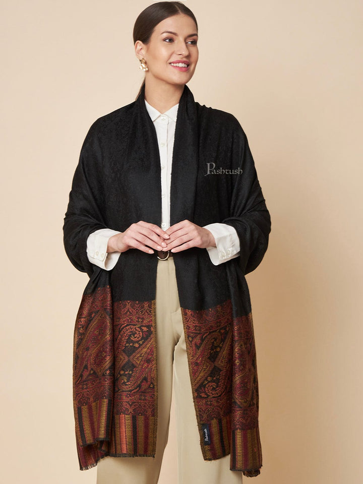Pashtush India Womens Shawls Pashtush Womens Extra Fine Wool Shawl, Extra Soft Woven Palla Design, Black