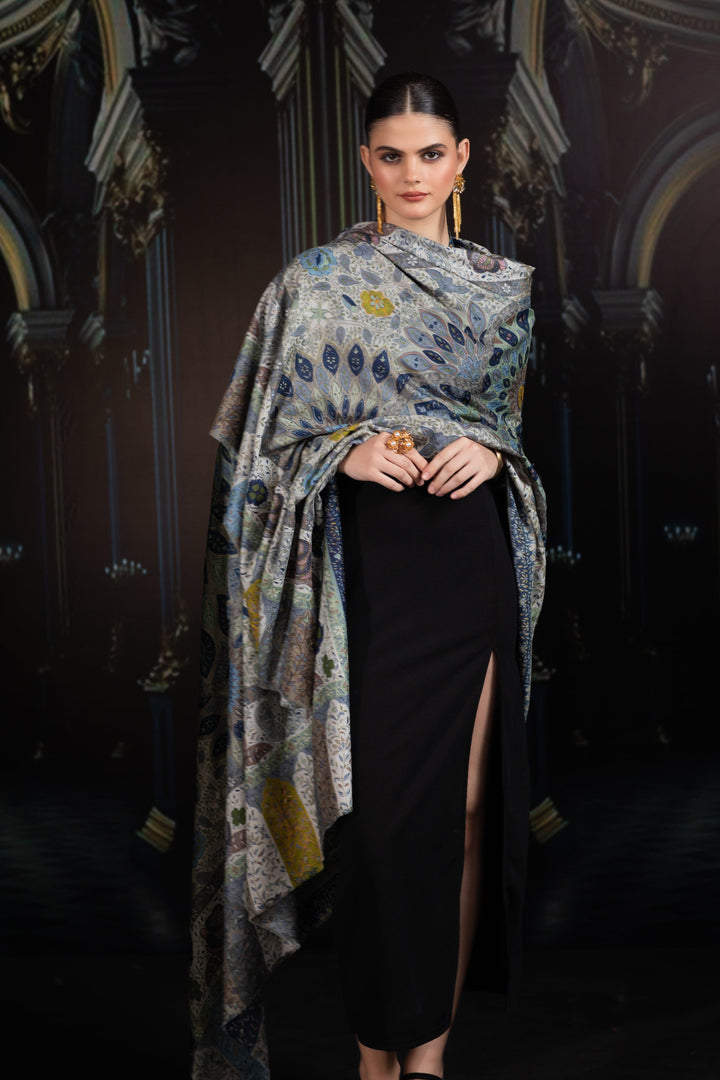 Pashtush India Womens Shawls Pashtush Womens Extra Fine Wool Shawl, Hand Embroidered Kalamkari Design, Azure Blue