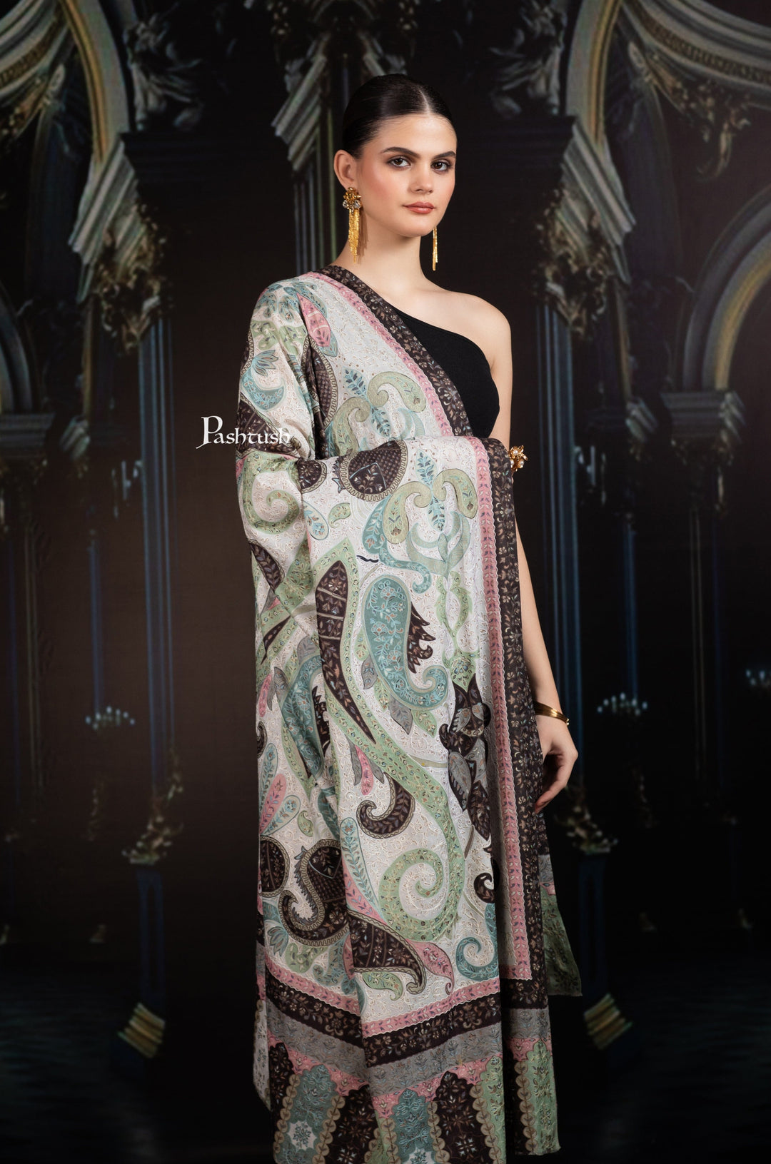 Pashtush India Womens Shawls Pashtush Womens Extra Fine Wool Shawl, Hand Embroidered Kalamkari Design, Sombre