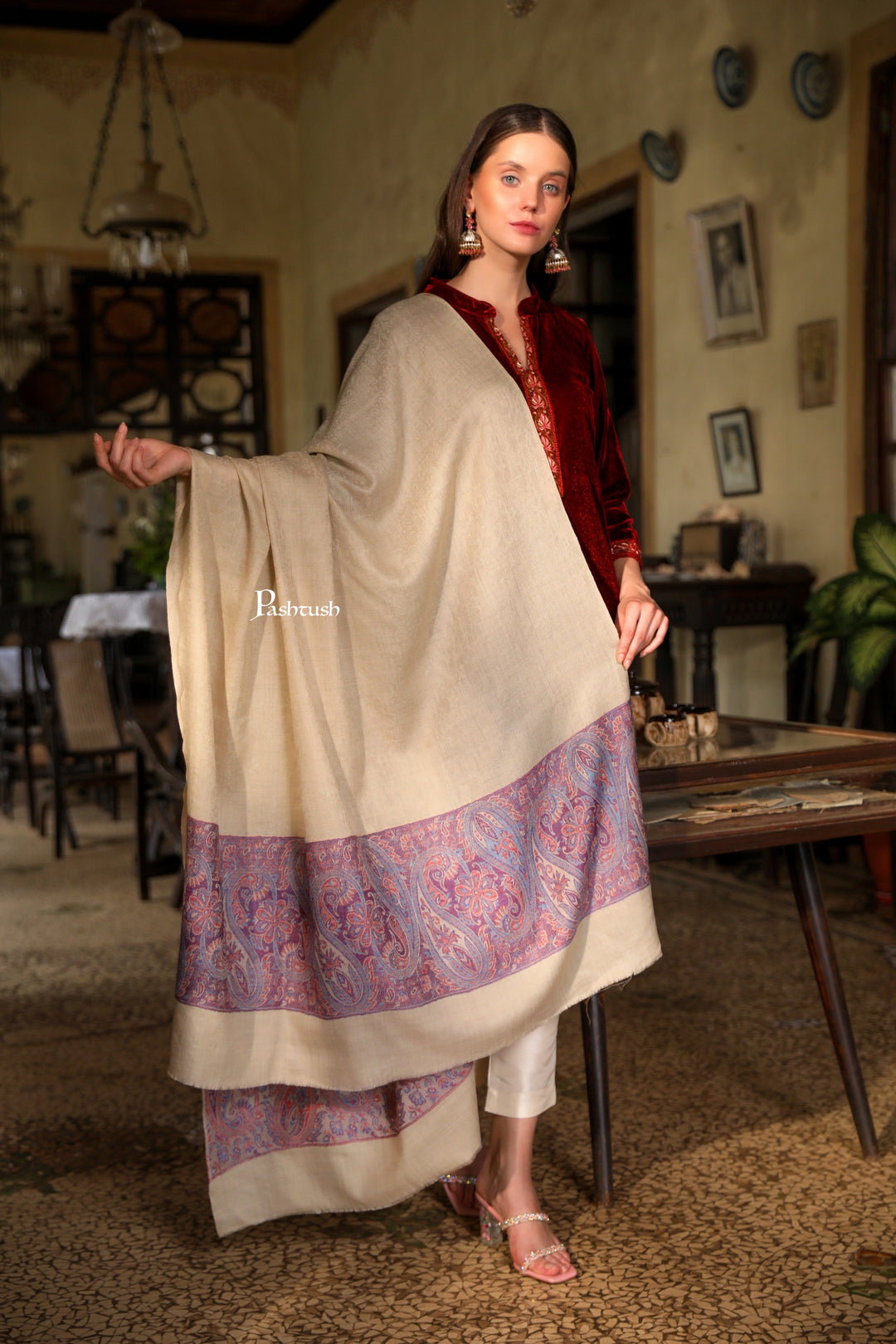 Pashtush India Womens Shawls Pashtush Womens Extra Fine Wool Shawl, Jacquard, Soft, Warm And Ultra Light Weight, Beige