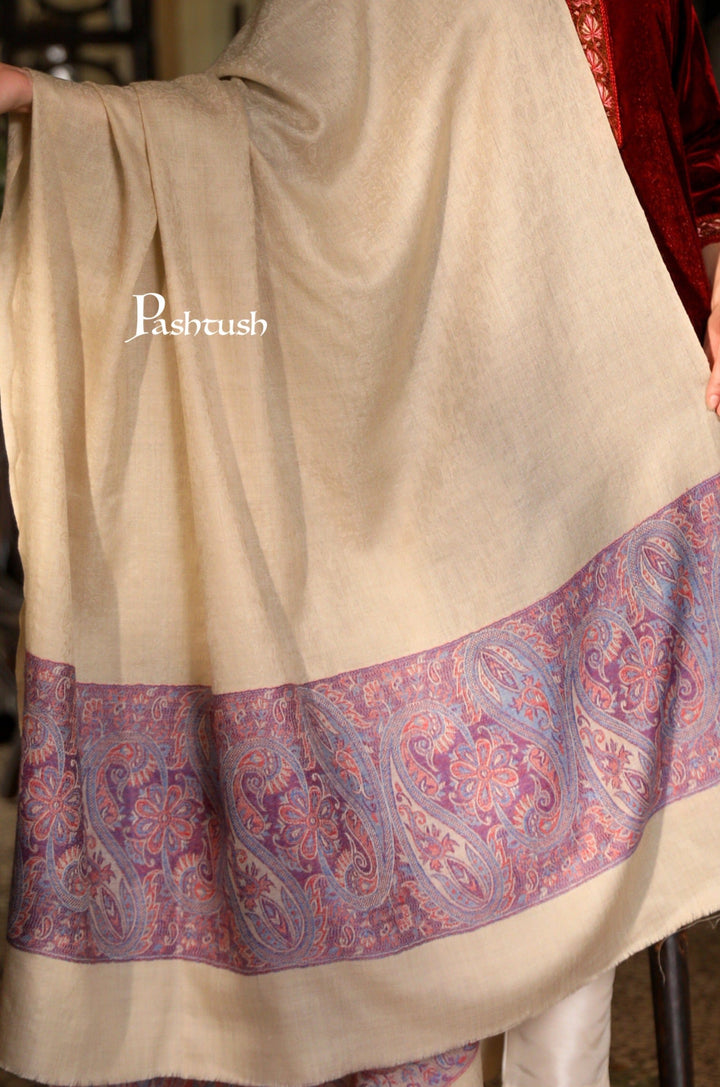 Pashtush India Womens Shawls Pashtush Womens Extra Fine Wool Shawl, Jacquard, Soft, Warm And Ultra Light Weight, Beige