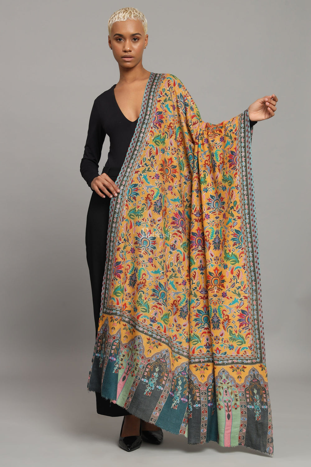 Pashtush India Womens Shawls Pashtush Womens Extra Fine Wool Shawl, Kalamkari Embroidery Design, Multicolour
