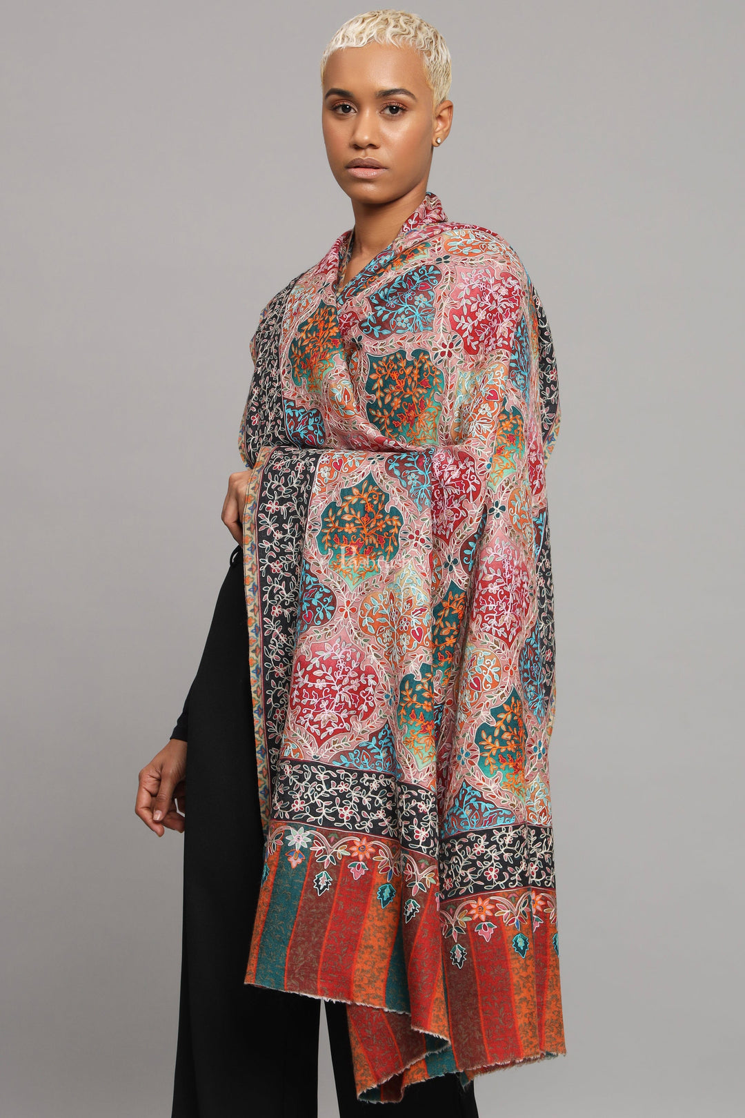 Pashtush India Womens Shawls Pashtush Womens Extra Fine Wool Shawl, Kalamkari Embroidery, Nalki Jama Design, Multicolour