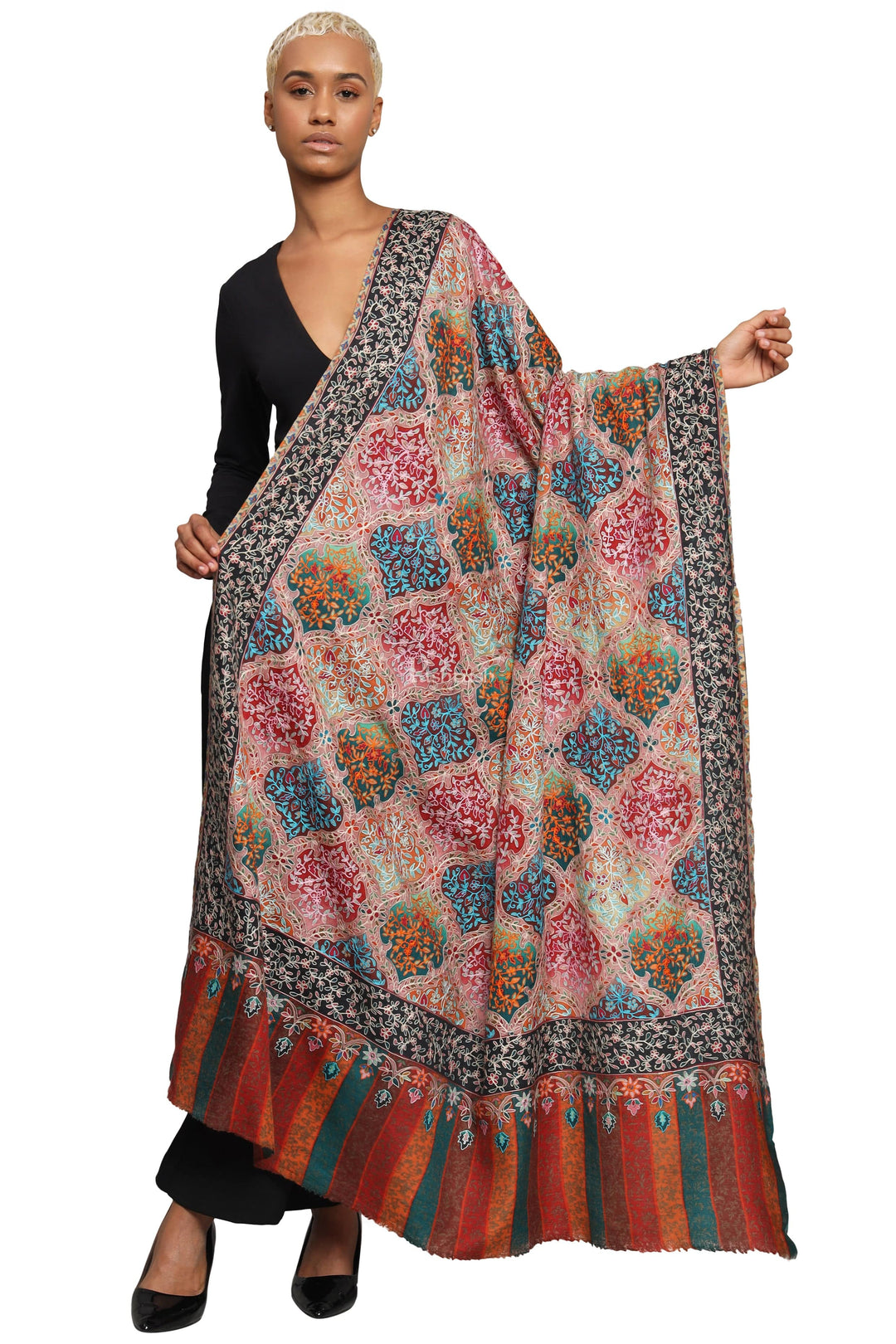 Pashtush India Womens Shawls Pashtush Womens Extra Fine Wool Shawl, Kalamkari Embroidery, Nalki Jama Design, Multicolour