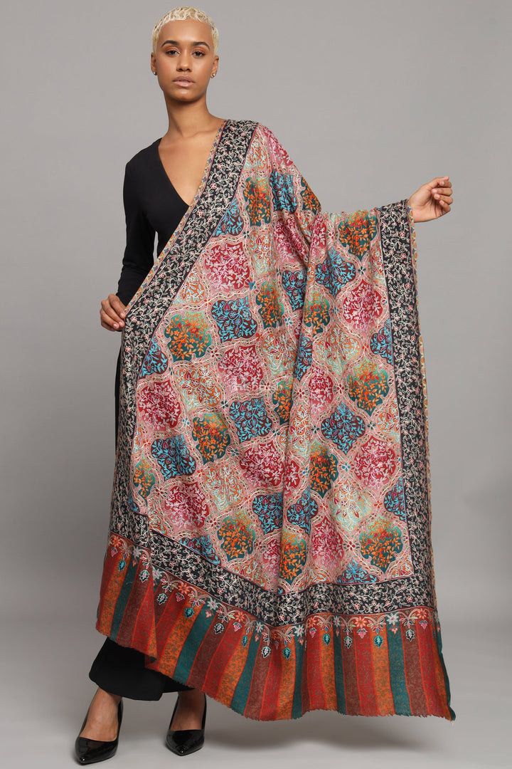 Pashtush India Womens Shawls Pashtush Womens Extra Fine Wool Shawl, Kalamkari Embroidery, Nalki Jama Design, Multicolour