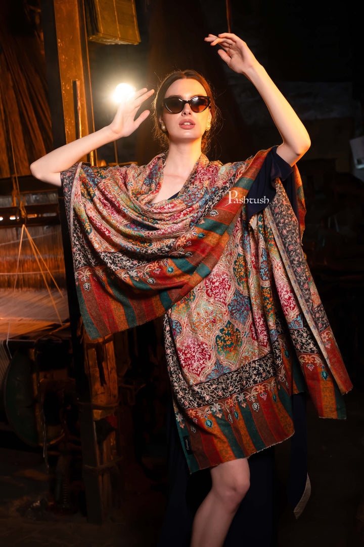 Pashtush India Womens Shawls Pashtush Womens Extra Fine Wool Shawl, Kalamkari Embroidery, Nalki Jama Design, Multicolour