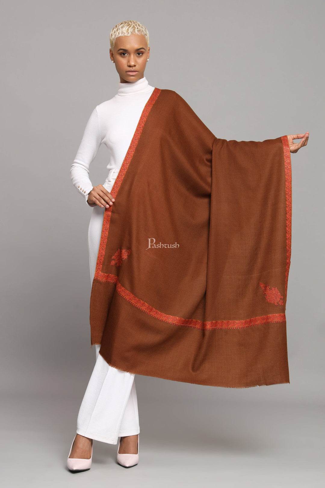 Pashtush India Womens Shawls Pashtush Womens Extra Fine Wool Shawl, Kashmiri Embroidery, Kingri Design, Coffee