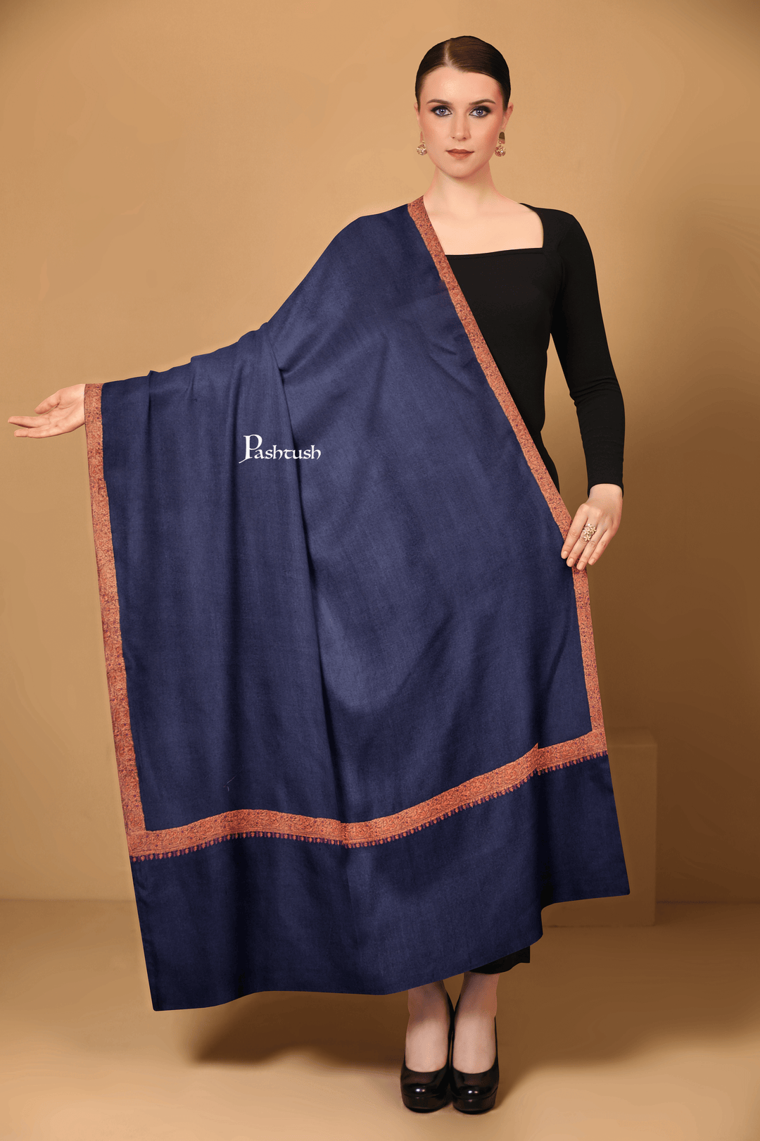 Pashtush India Womens Shawls Pashtush Womens Extra Fine Wool Shawl, Multi Border Embroidery  Design, Blue