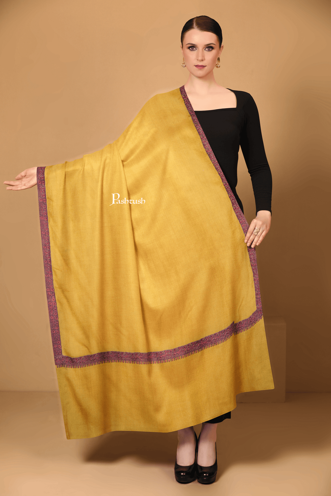 Pashtush India Womens Shawls Pashtush Womens Extra Fine Wool Shawl, Multi Border Embroidery  Design, Yellow