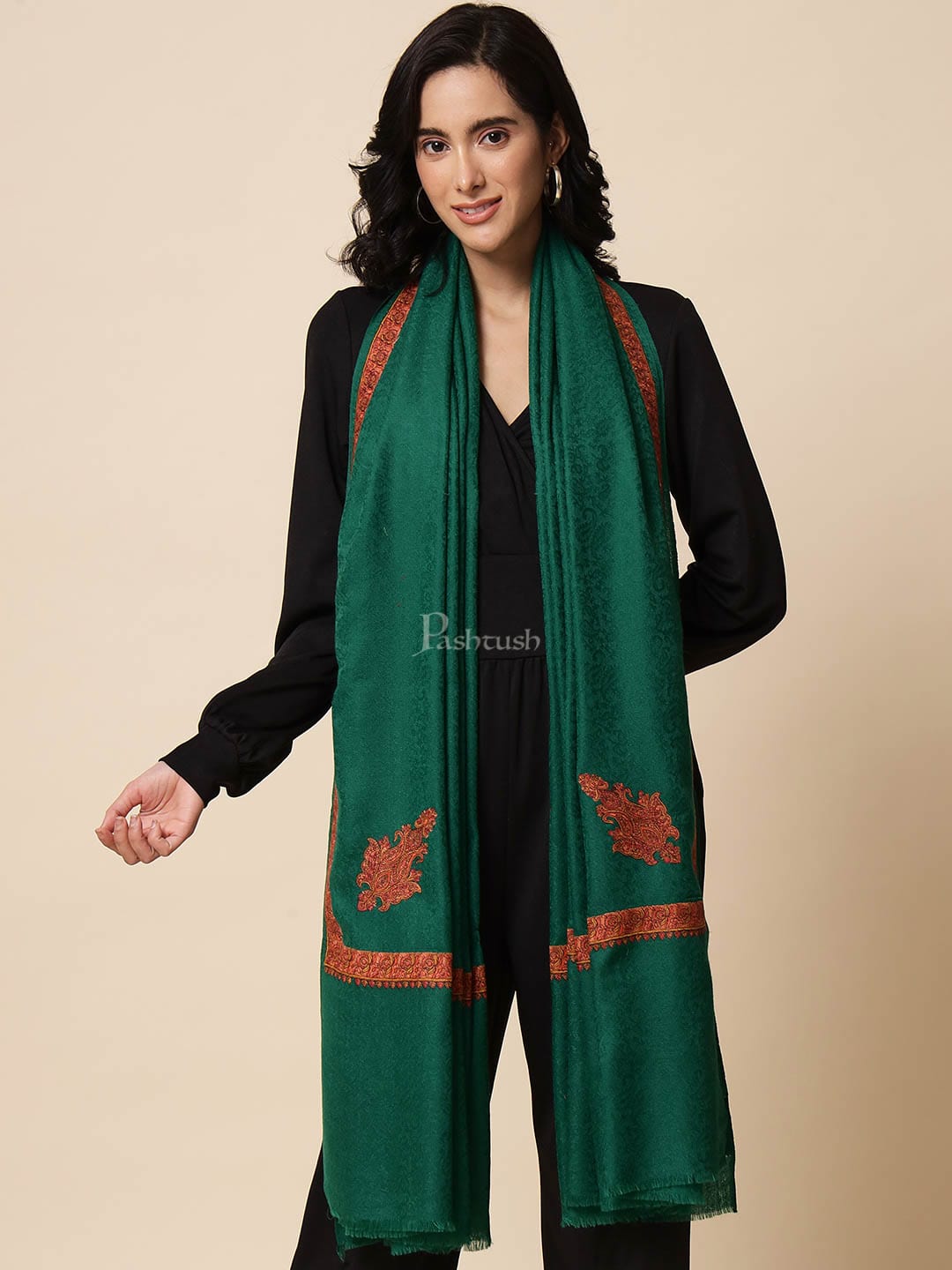 Pashtush womens Extra Fine Wool shawl, multi kingri embroidery design ...
