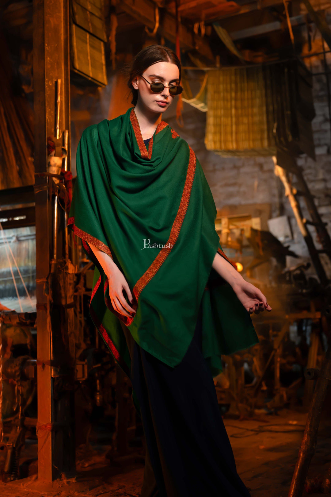 Pashtush India Womens Shawls Pashtush womens Extra Fine Wool shawl, multi kingri embroidery design, Green