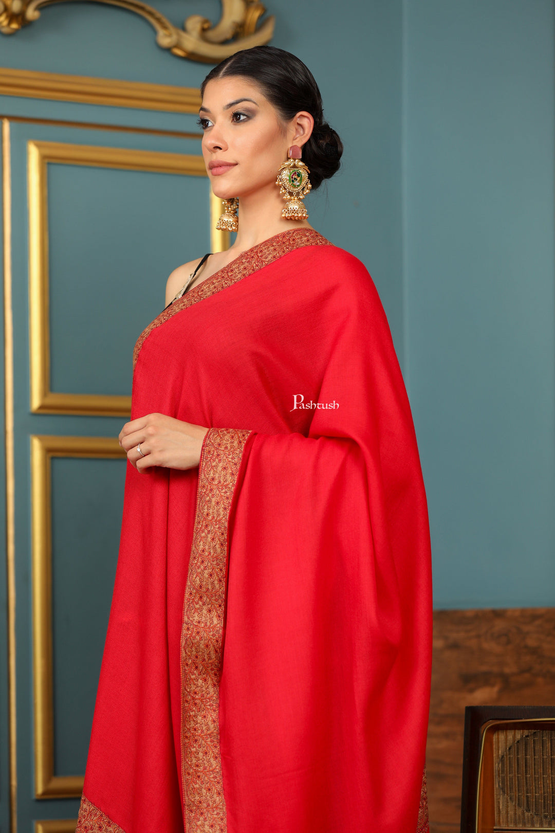 Pashtush India Womens Shawls Pashtush Womens Extra Fine Wool Shawl, Mutli Border Design, Red