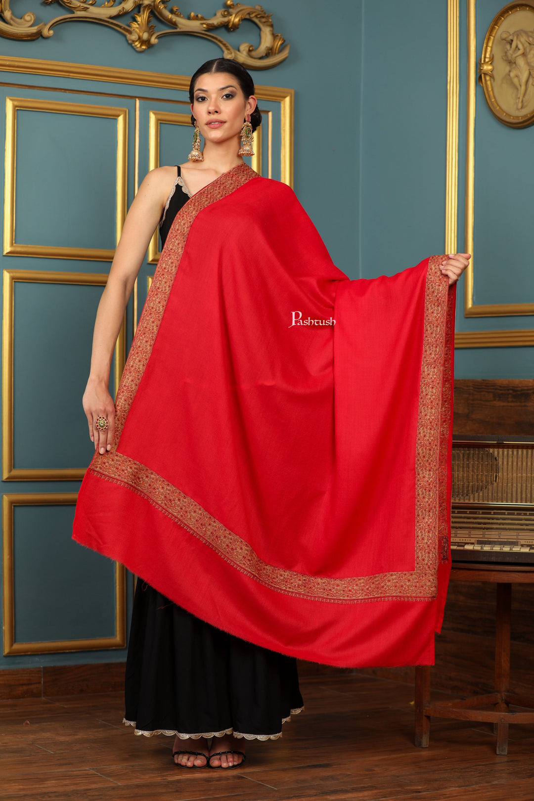 Pashtush India Womens Shawls Pashtush Womens Extra Fine Wool Shawl, Mutli Border Design, Red