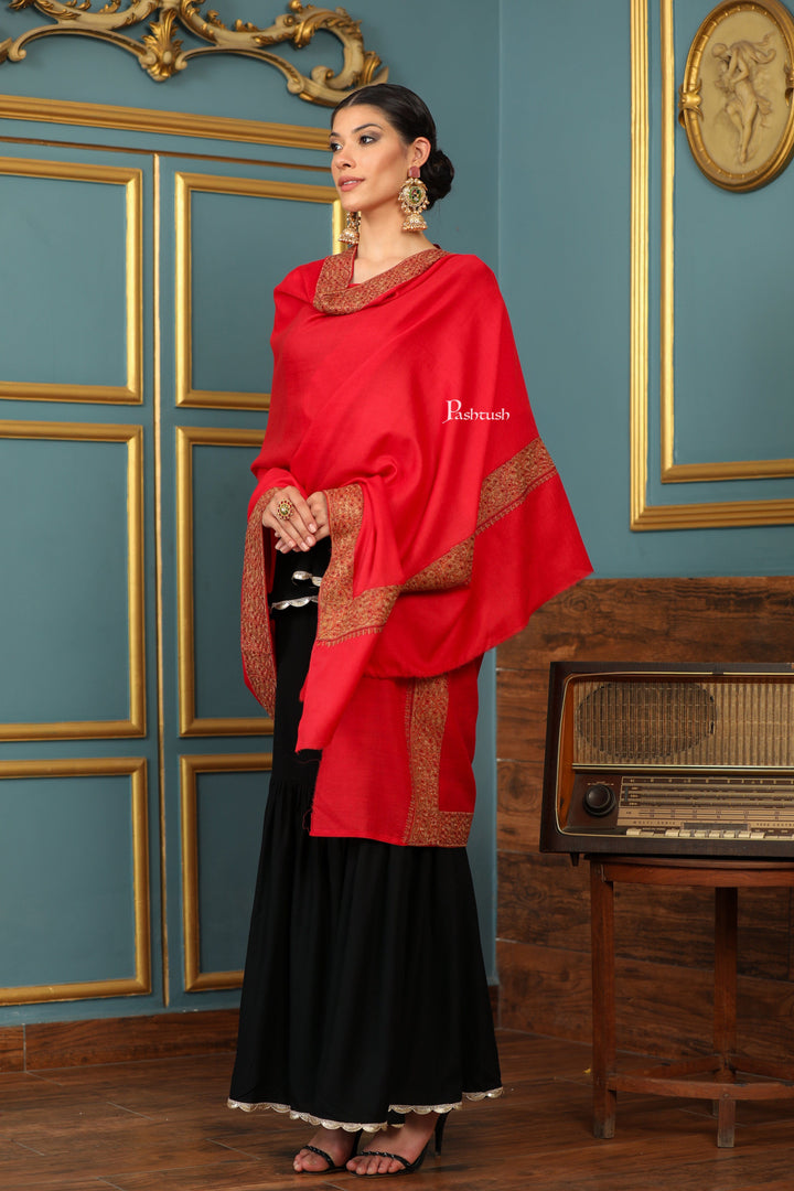 Pashtush India Womens Shawls Pashtush Womens Extra Fine Wool Shawl, Mutli Border Design, Red