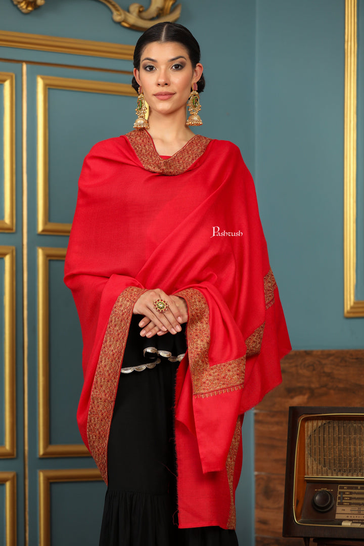 Pashtush India Womens Shawls Pashtush Womens Extra Fine Wool Shawl, Mutli Border Design, Red