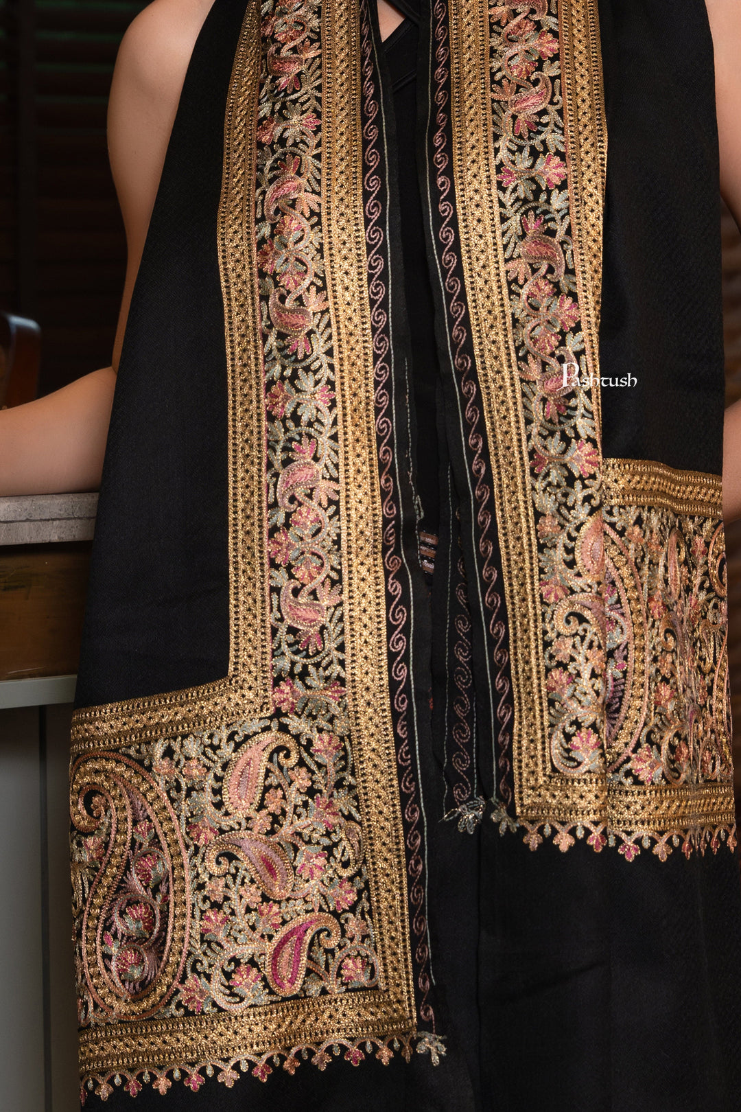 Pashtush India Womens Shawls Pashtush Womens Extra Fine Wool Shawl, Nalki Embroidery Design, Black