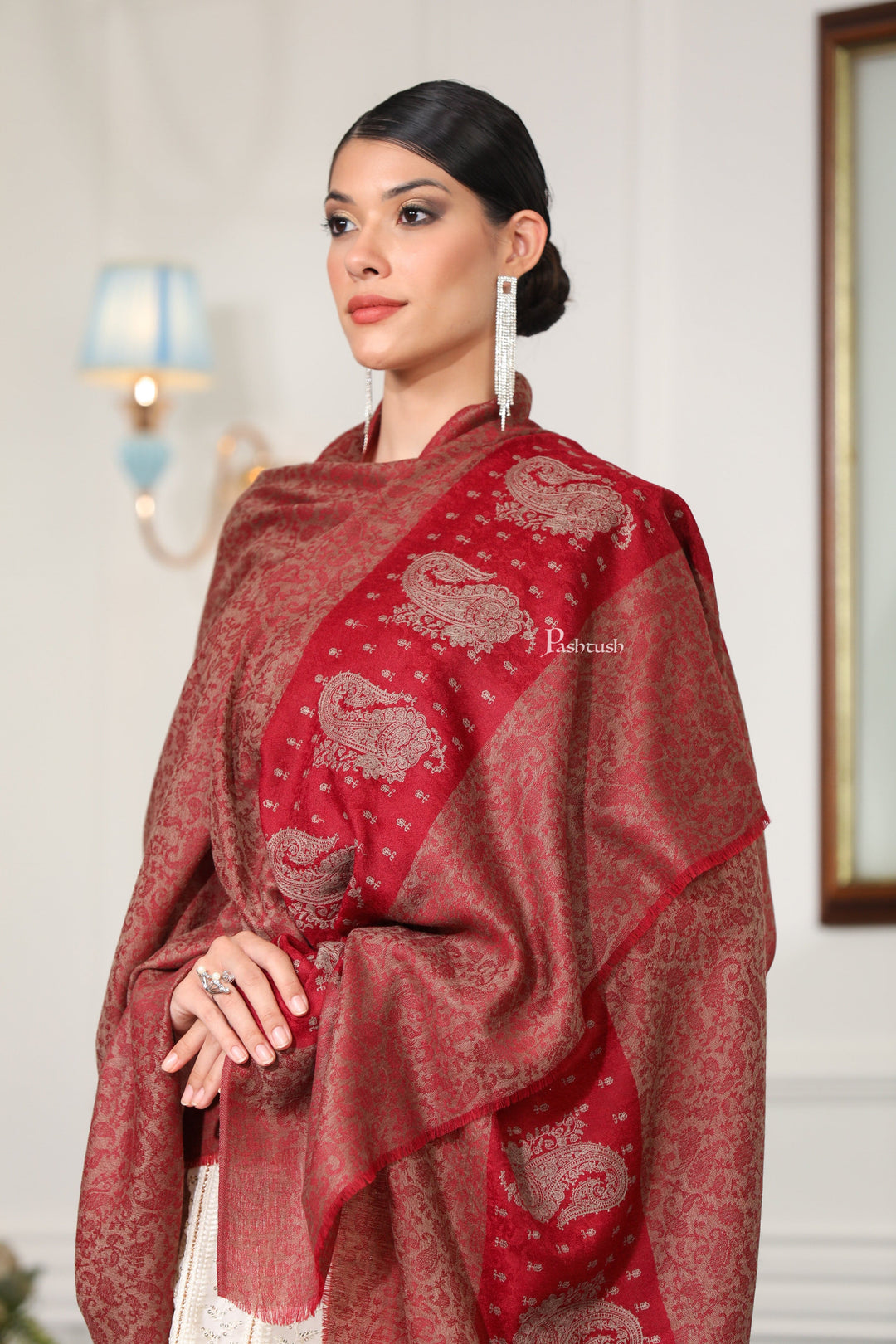 Pashtush India Womens Shawls Pashtush Womens Extra Fine Wool Shawl, Paisley Design, Maroon