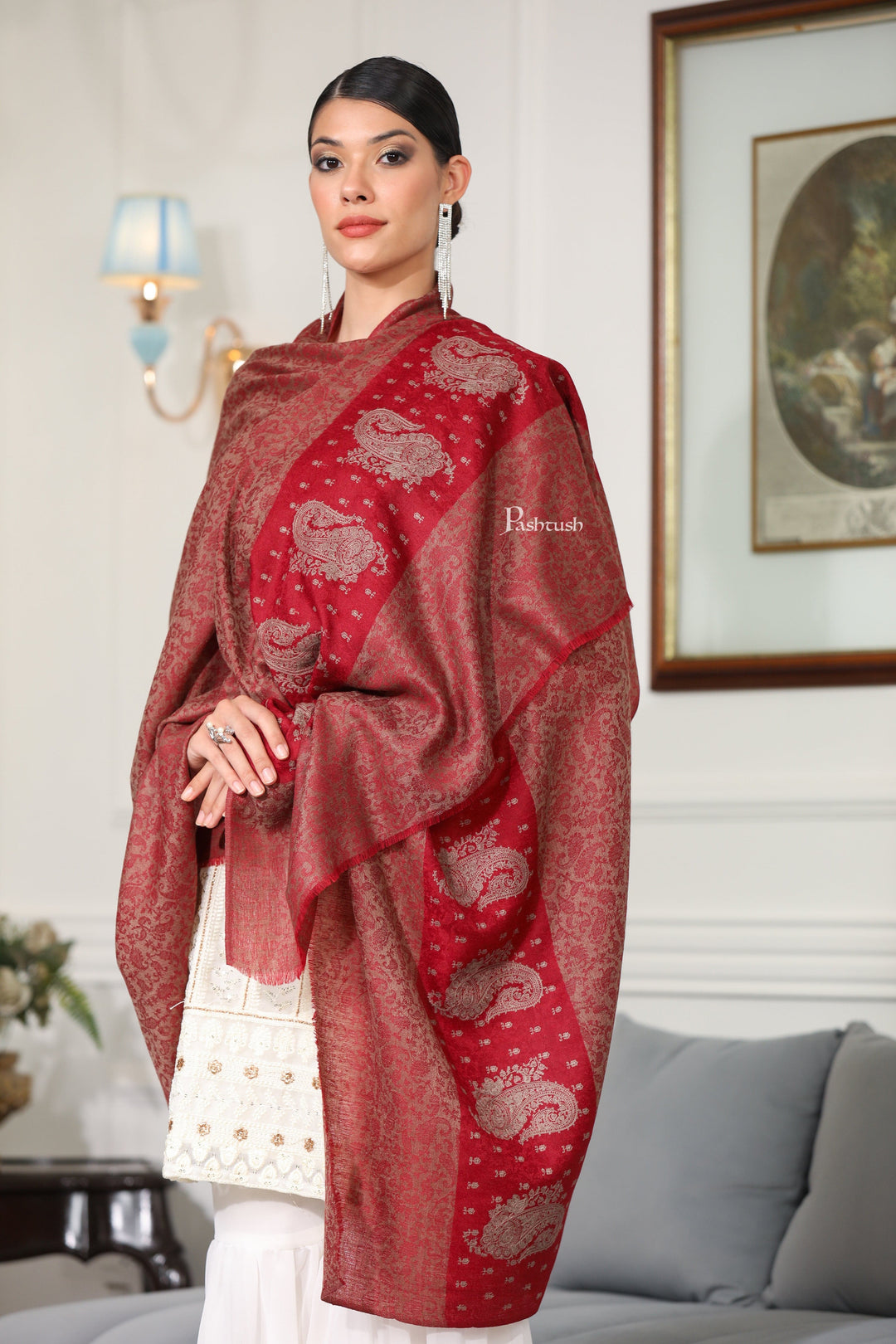 Pashtush India Womens Shawls Pashtush Womens Extra Fine Wool Shawl, Paisley Design, Maroon