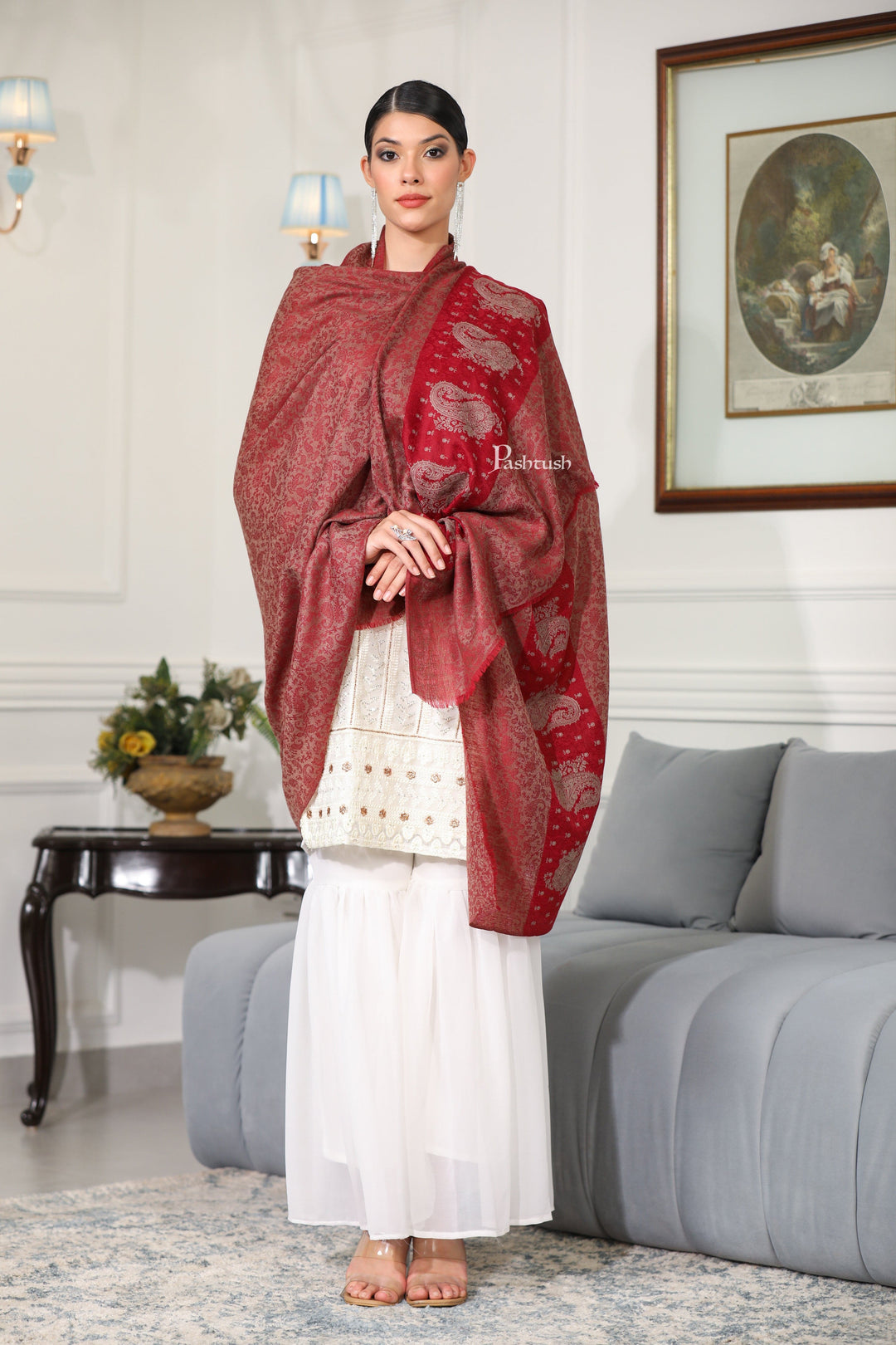 Pashtush India Womens Shawls Pashtush Womens Extra Fine Wool Shawl, Paisley Design, Maroon