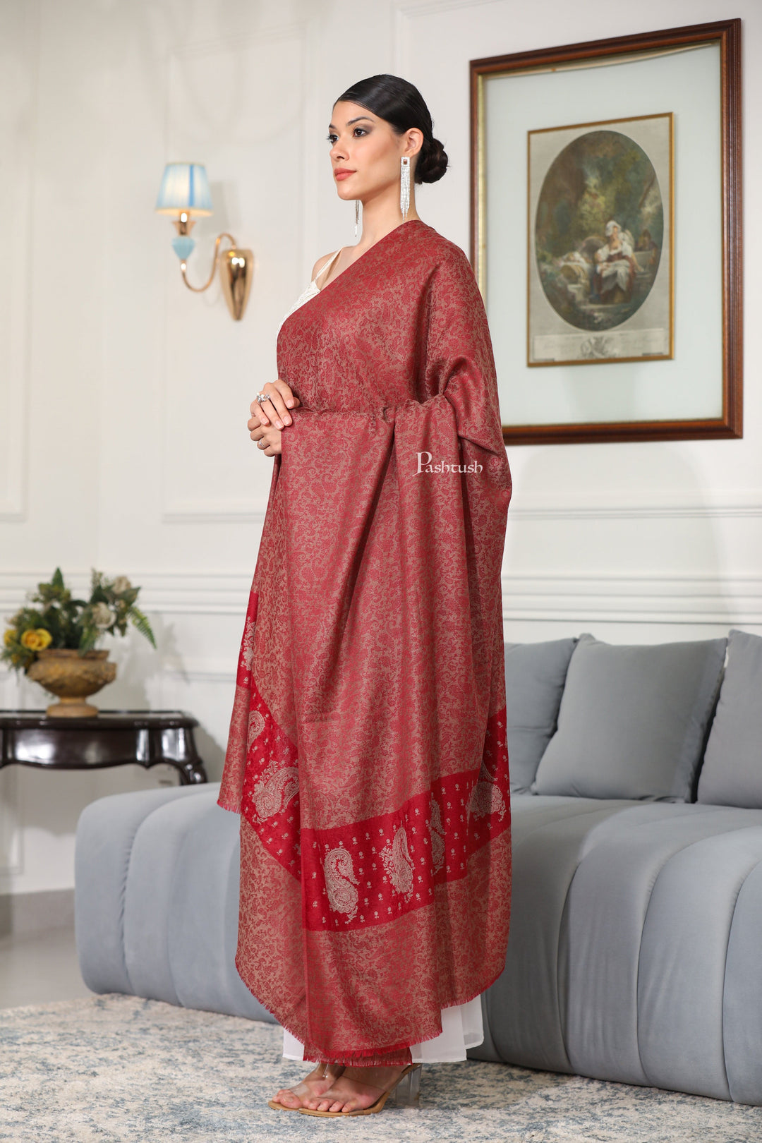 Pashtush India Womens Shawls Pashtush Womens Extra Fine Wool Shawl, Paisley Design, Maroon