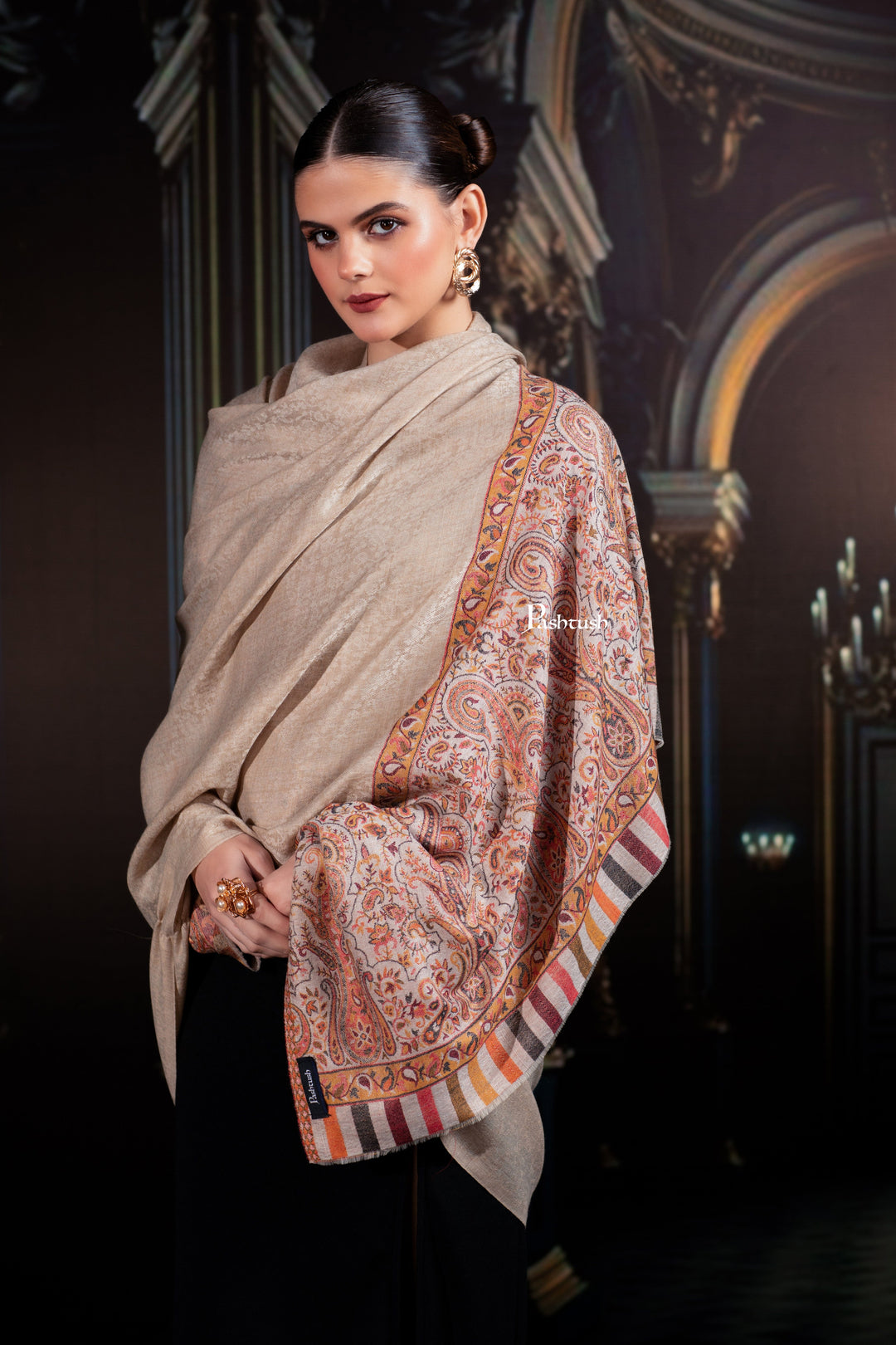 Pashtush India Womens Shawls Pashtush Womens Extra Fine Wool Shawl, Paisley Palla Design, Beige