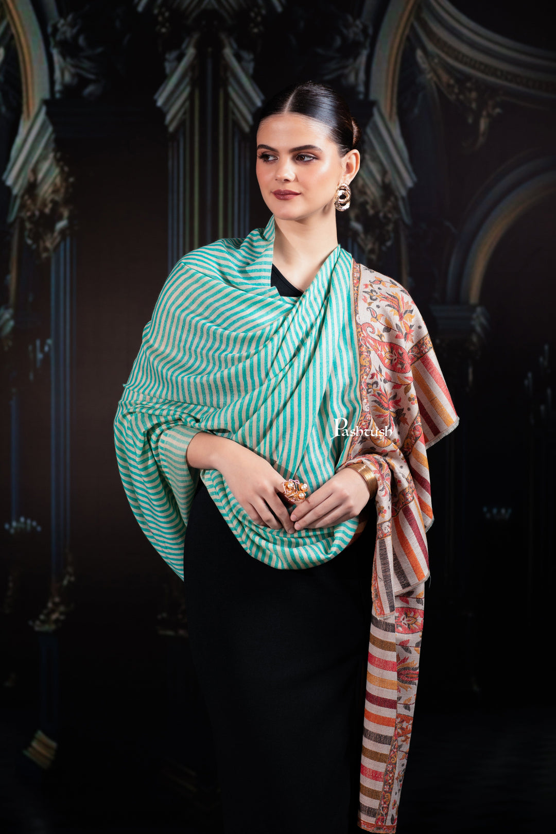 Pashtush India Womens Shawls Pashtush Womens Extra Fine Wool Shawl, Paisley Palla Design, Seagreen
