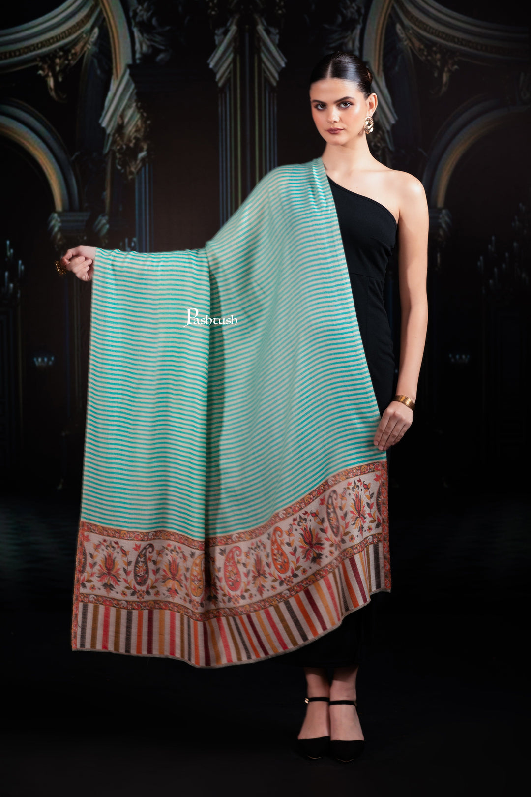 Pashtush India Womens Shawls Pashtush Womens Extra Fine Wool Shawl, Paisley Palla Design, Seagreen