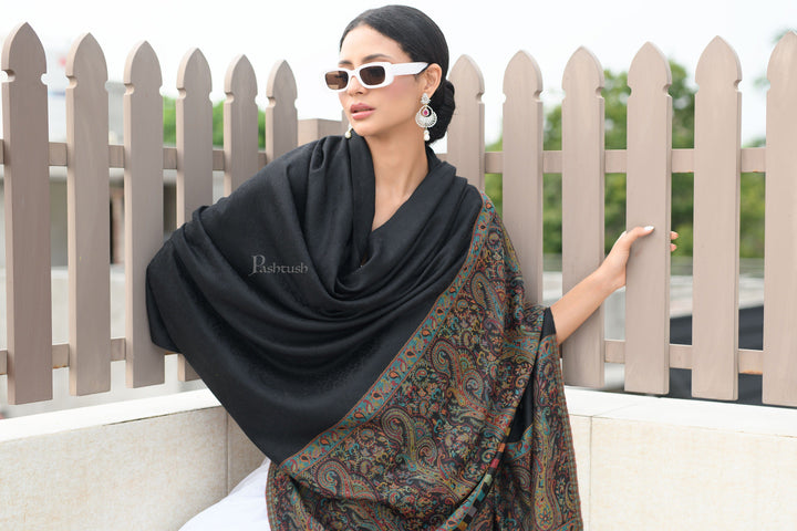 Pashwool Womens Shawls Pashtush Womens Extra Fine Wool Shawl, Paisley Palla Woven Design, Black