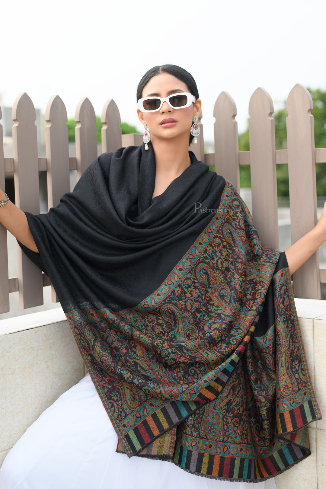Pashwool Womens Shawls Pashtush Womens Extra Fine Wool Shawl, Paisley Palla Woven Design, Black