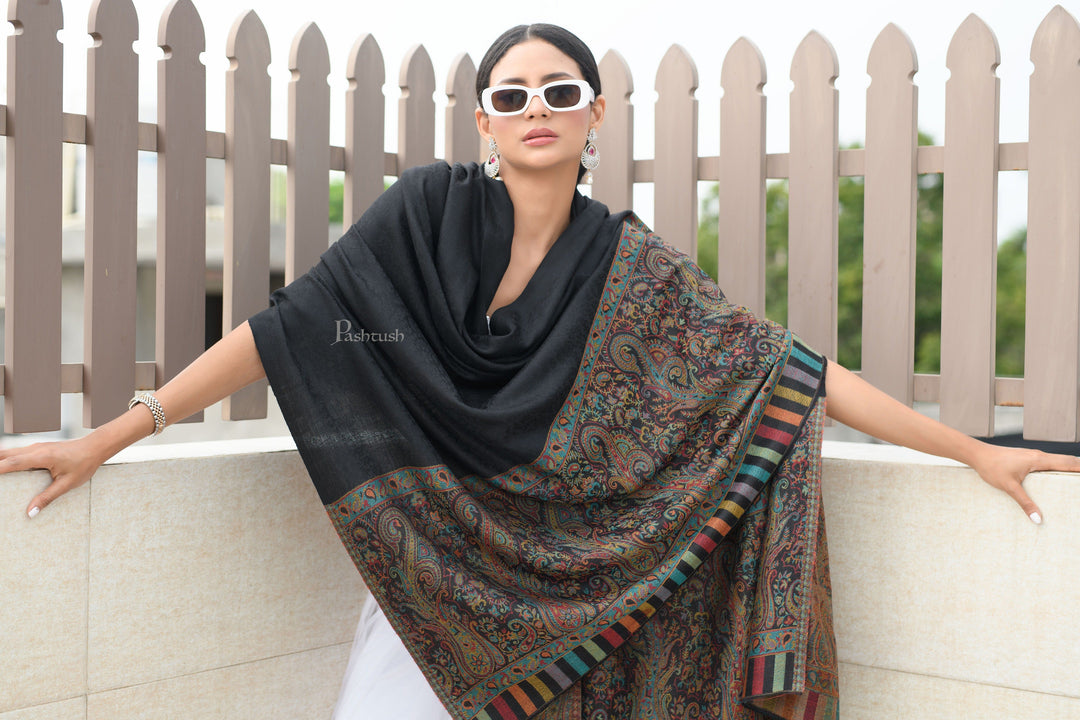 Pashwool Womens Shawls Pashtush Womens Extra Fine Wool Shawl, Paisley Palla Woven Design, Black