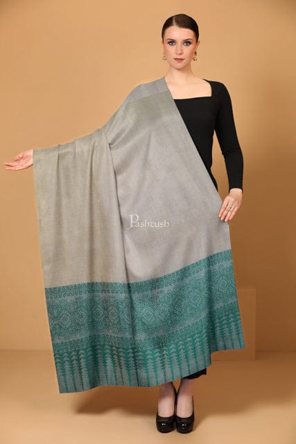 Pashtush India Womens Shawls Pashtush womens Extra Fine Wool shawl, Paisley Weave design, Beige and Green