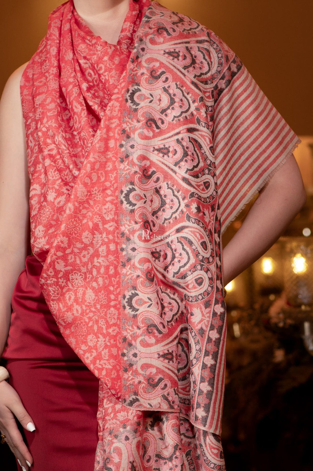 Pashtush India Womens Shawls Pashtush Womens Extra Fine Wool Shawl, Paisley Weave Design, Red