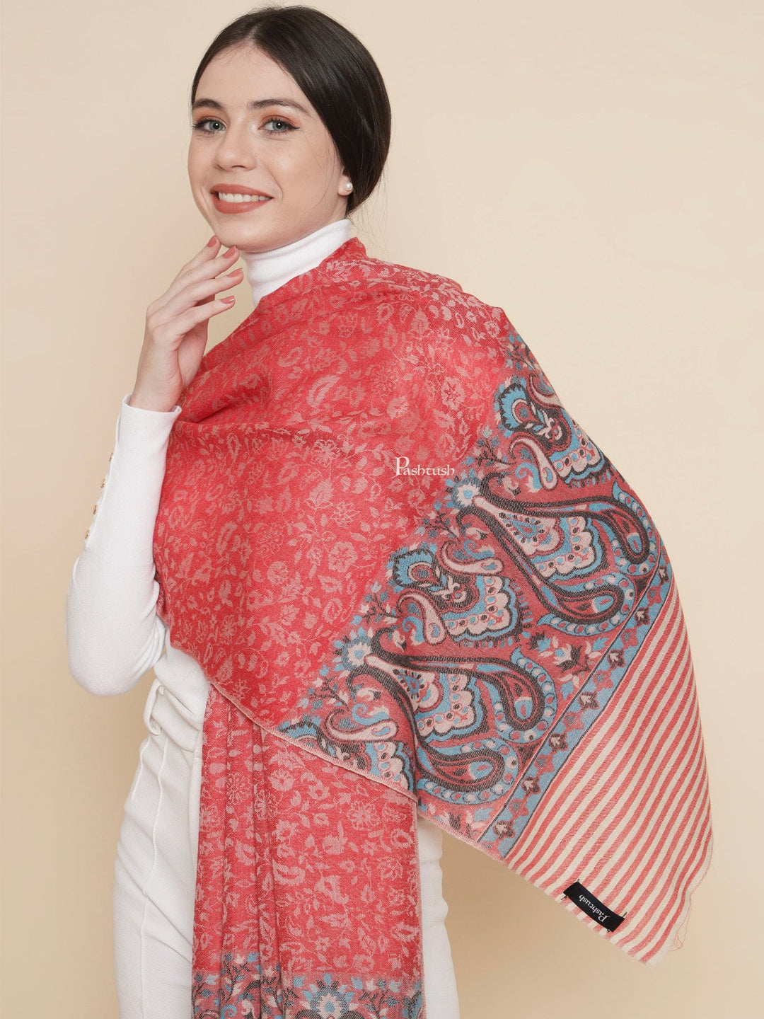 Pashtush India Womens Shawls Pashtush Womens Extra Fine Wool Shawl, Paisley Weave Design, Red