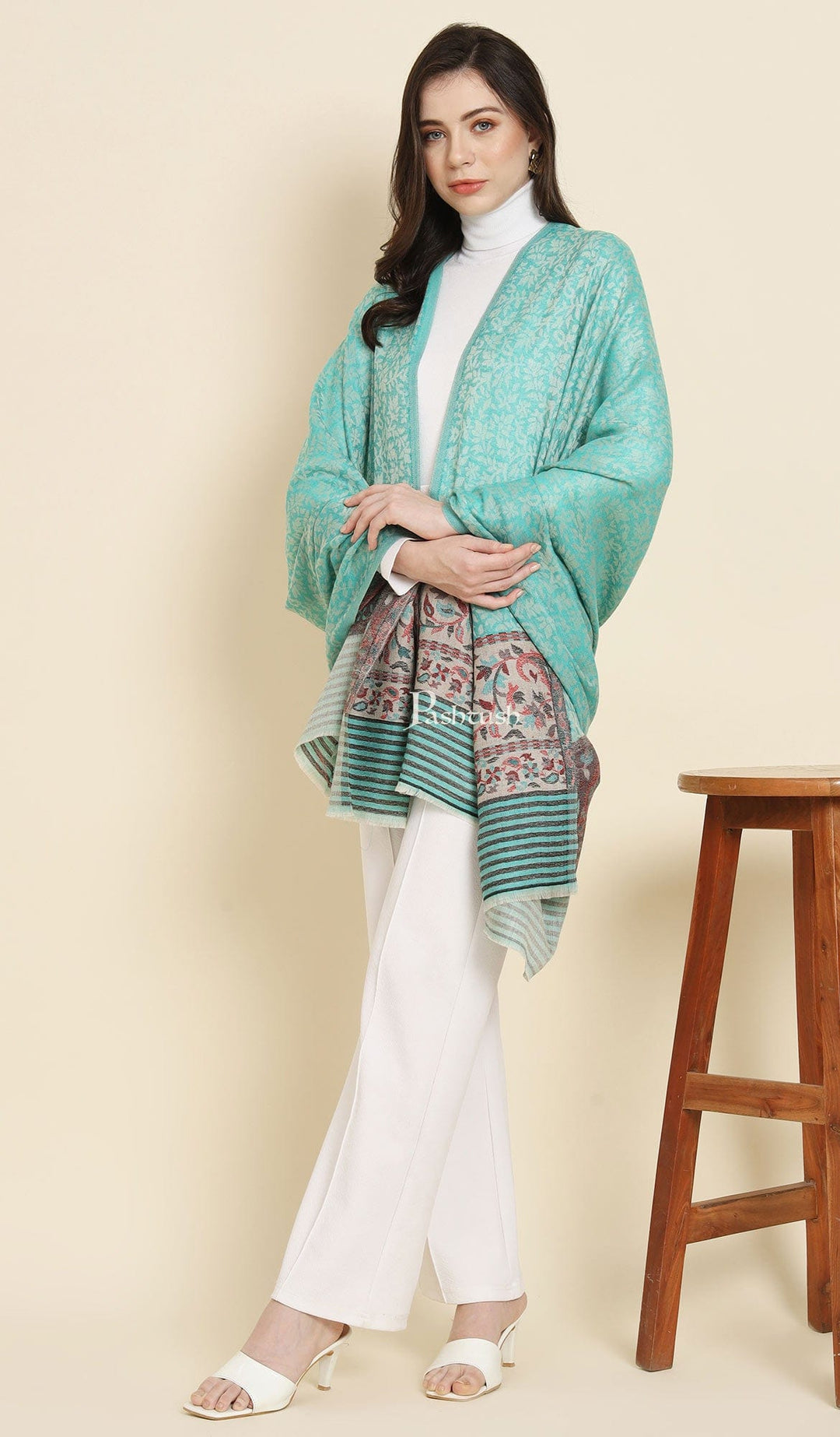 Pashtush India Womens Shawls Pashtush Womens Extra Fine Wool Shawl, Paisley Weave Design, Seagreen