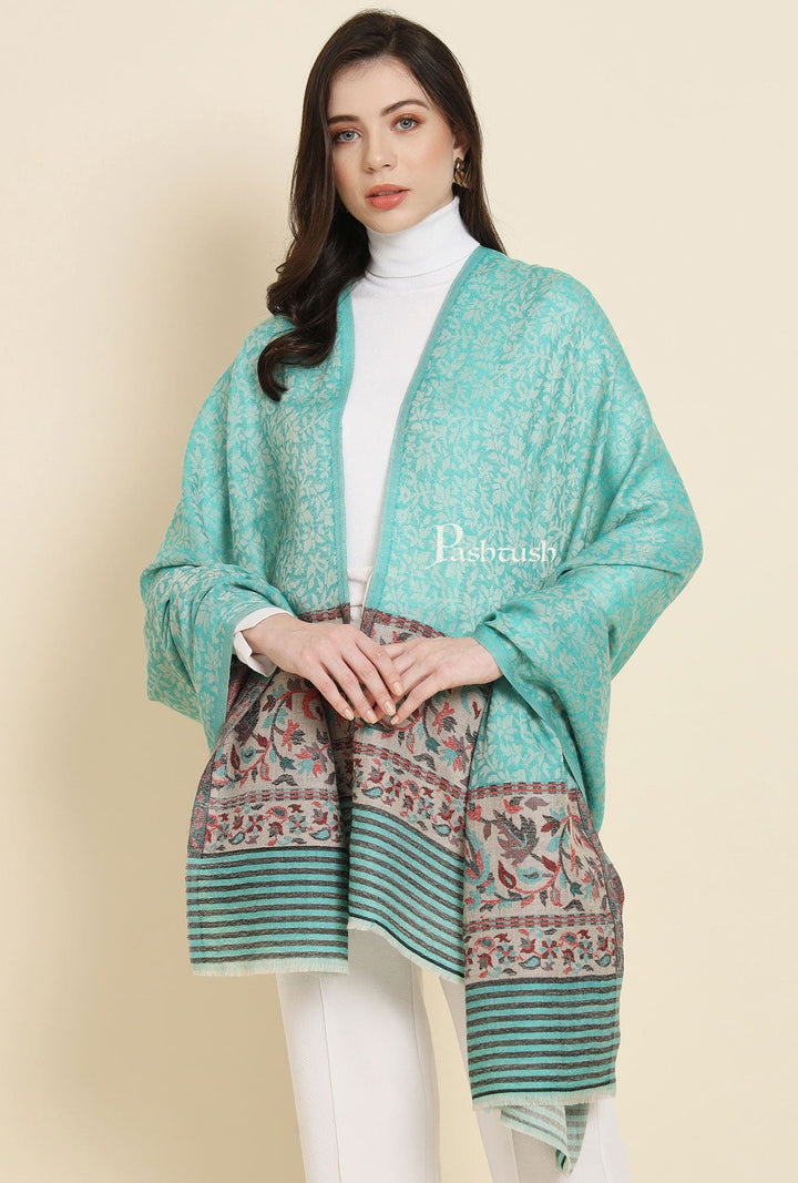 Pashtush India Womens Shawls Pashtush Womens Extra Fine Wool Shawl, Paisley Weave Design, Seagreen