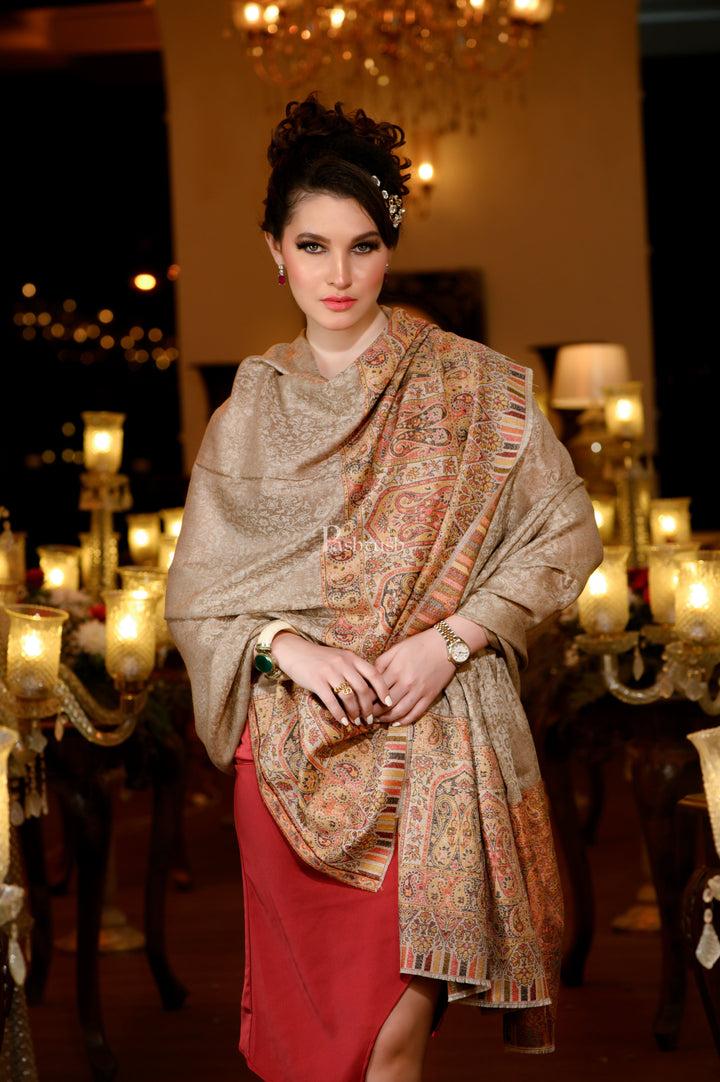 Pashtush India Womens Shawls Pashtush Womens Extra Fine Wool Shawl, Paisley Weave Design, Taupe